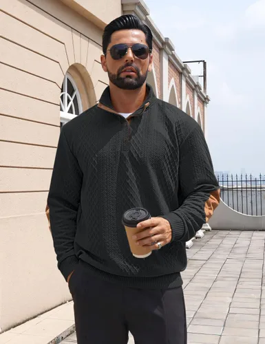Vista 3 de Suéter de manga larga para hombre, casual, con botones de un cuarto, con cuello alto, sudadera con capucha