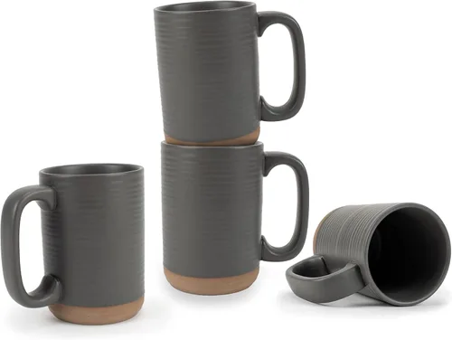 Vista 8 de Elanze Designs Juego de 4 tazas de café de cerámica de 16 onzas con fondo de arcilla cruda acanalada alta