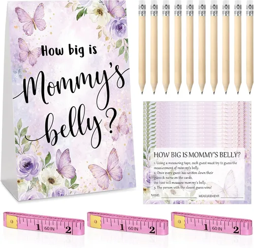 Vista 62 de Sabary 64 Piezas Juegos de Baby Shower Incluyen Letrero How Big is Mommy's Belly Sign Measure Bump Game 50 Tarjetas 10 Lápices 3 Cintas Métricas