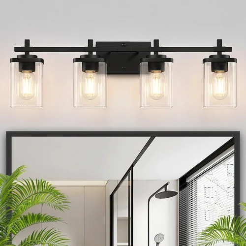Vista 21 de 2 luces de tocador de baño, accesorios de luz de tocador negro mate sobre espejo, apliques de pared modernos con pantalla de vidrio transparente