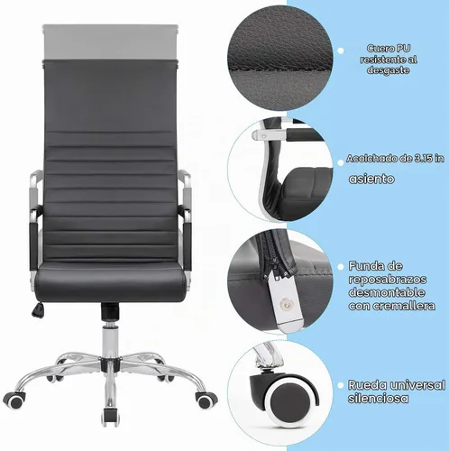 Vista 5 de Silla de oficina acanalada con respaldo alto, silla de escritorio de piel sintética, silla giratoria ajustable, silla de computadora con Negro