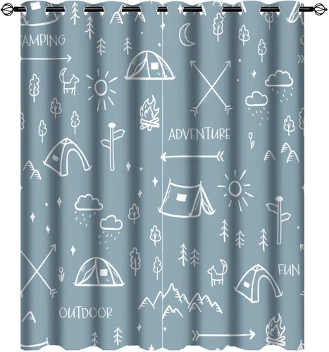 Vista 30 de Cortinas abstractas con estampado de cámper de caricaturas, divertido tema de aventura, campamento, montañas, vida silvestre, oso, tratamiento