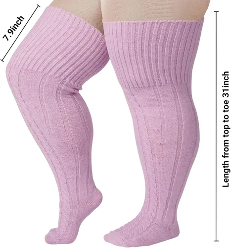 Vista 2 de Calcetines altos de lana de talla grande para muslos gruesos, extra largos para mujer, de punto trenzado cálido sobre la rodilla, calentadores