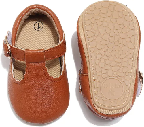 Vista 4 de HONGTEYA Zapatos planos Mary Jane para bebés y niñas, antideslizantes, para los primeros pasos, suela suave, piel sintética, zapatos de cuna