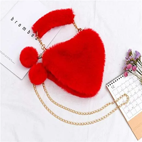 Vista 4 de Bolso de mano de piel sintética con forma de corazón para mujeres y niñas, bolso de hombro de felpa con correa de cadena de metal, Rojo -, Portátil