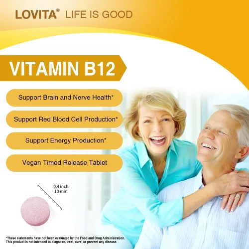 Vista 4 de LOVITA Vitamina B12 de liberación sostenida 1000 mcg (como cianocobalamina), liberación programada, 60 tabletas veganas para apoyo a la salud