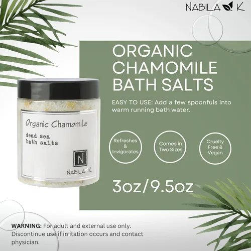 Vista 3 de Nabila K - Sales de baño orgánicas de manzanilla – Sal del Mar Muerto y sal de Epsom exfoliante y remojar – Exfolia e hidrata la piel, aceites