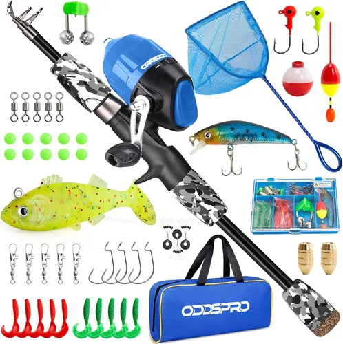 Vista 9 de ODDSPRO Caña de pescar para niños, kit combinado de caña de pescar y carrete telescópico portátil para niños, con caja de aparejos de pesca Spincast