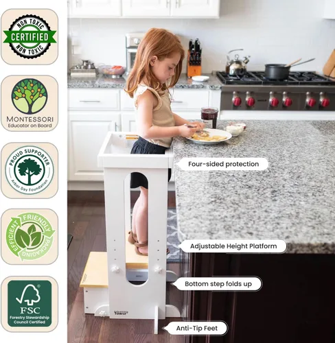 Vista 5 de Little Partners Torre Plegable para Niños Pequeños, Torre de Aprendizaje Explore 'N Store Montessori Torre de Cocina de Pie con Plataforma de Blanco