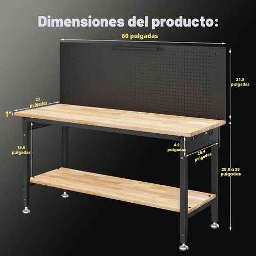 Vista 8 de CAMMOO Banco de trabajo de 60 pulgadas de altura ajustable con estante de almacenamiento, carga máxima de 2000 LBS, tablero de madera de caucho