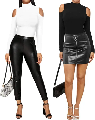 Vista 4 de MANGOPOP Trajes de cuerpo de manga larga para mujer, body de cuello alto para salir con corte sexy en los hombros
