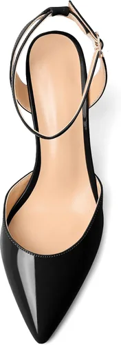 Vista 3 de Soireelady Tacones altos gruesos para mujer, tacones puntiagudos, correa al tobillo, sandalias envolventes de charol con diseño recortado, zapatos