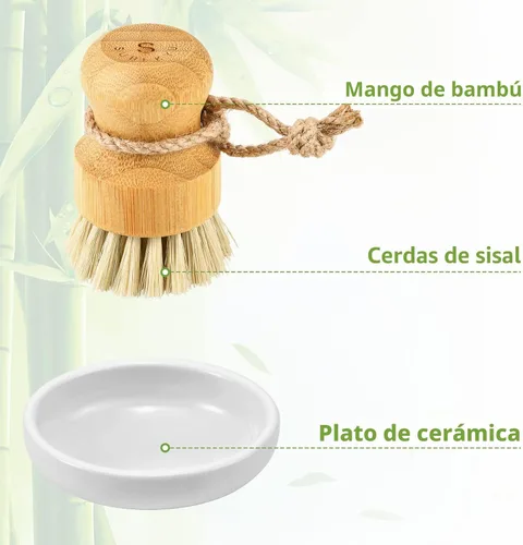 Vista 5 de SUBEKYU Cepillo de bambú para fregar platos, cepillo para verduras, 1 Base de cerámica + cepillo de sisal