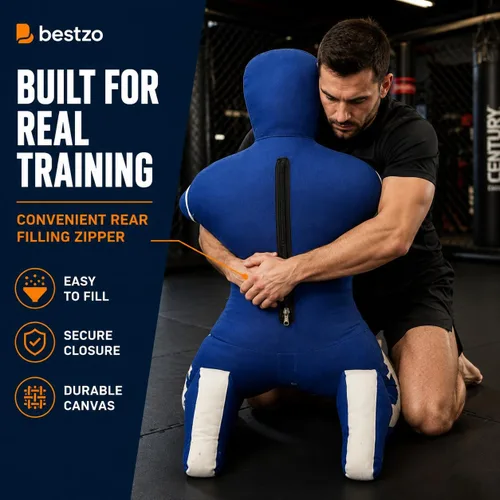 Vista 7 de Bestzo MMA Martial Arts - Saco de boxeo brasileño para Jiu Jitsu, posición sentada, manos sin llenar en la parte delantera Azul
