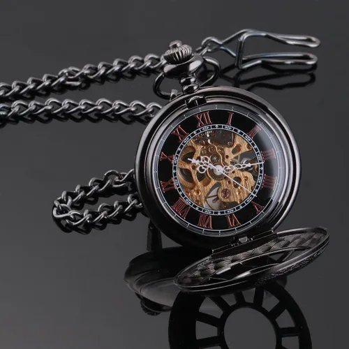 Vista 3 de SIBOSUN Reloj de bolsillo esqueleto especial 12 - Pequeño - Diseño de caja de ventana para hombre, color negro, mecánico con caja de cadena