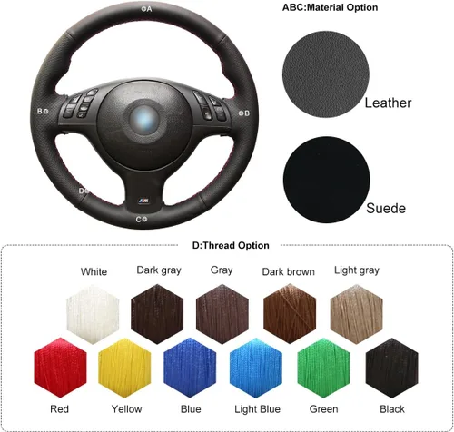 Vista 2 de MEWANT - Funda de piel genuina con gamuza cosida a mano para volante BMW Serie 3 E46 E46 / 5 / 5 Series E39 / M3 / M5 cuero perforado negro