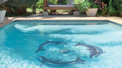 Vista 3 de Mosaico para piscina de cerámica con diseño de delfín azul