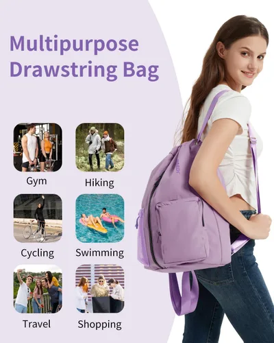 Vista 8 de WANDF Mochila deportiva con cordón y compartimento para zapatos, resistente al agua, bolsa de natación para mujeres y hombres (morado lila)