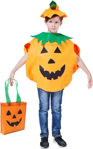 Vista 2 de Disfraz de calabaza de Halloween para niños, juego de 3 piezas de calabaza para cosplay, incluye bolsa de calabaza (9.8 x 11.8 pulgadas)