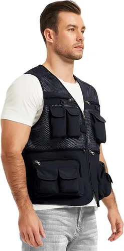 Vista 3 de Chaleco Flygo para hombre, para pesca, trabajo, safari, viaje de reportajes o para actividades al aire libre en verano, con bolsillos