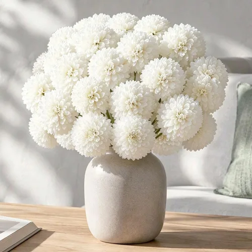 Vista 12 de Mini flores artificiales de crisantemo, 10 tallos de pompón sintético para arreglos de jarrón, decoración del hogar (beige)