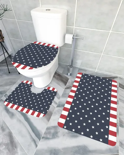 Vista 3 de Savannan Juego de 3 tapetes de baño, diseño patriótico de la bandera estadounidense, pentagrama, libertad, país, absorbente, suave, antideslizante