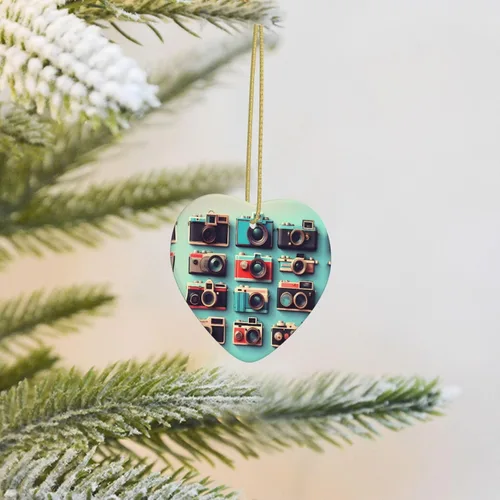 Vista 8 de Retro Cool Camera Collection Print Christmas Tree Ceramic Heart Shape Hanging Ornament, Christmas Home/Mall Decor