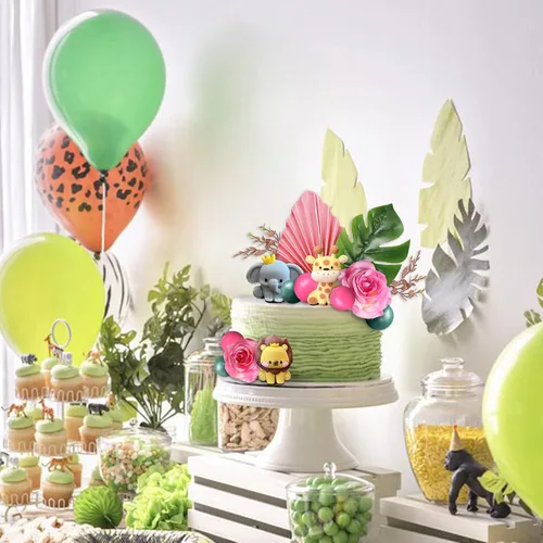 Vista 7 de 22 adornos de animales de selva de safari para tartas, bolas de flores, decoración de tartas con hojas de palmeras bohemias, juguetes de animales