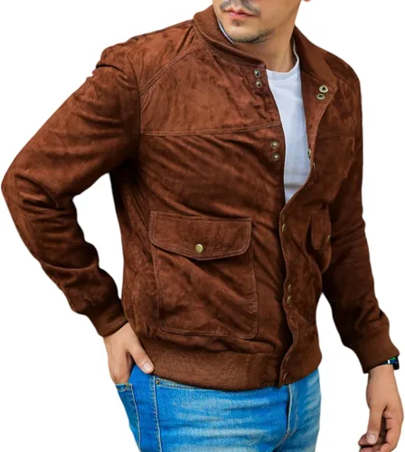 Vista 9 de Jild Varsity Style Leather Bomber Jacket Men - Chaqueta de cuero de gamuza real de moda casual MA-1 para hombre