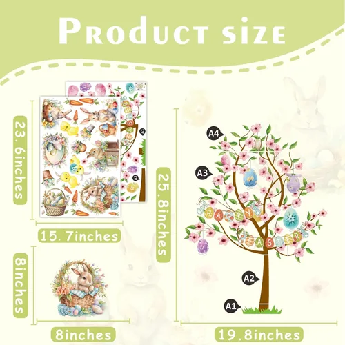 Vista 5 de Calcomanías vintage de Pascua para decoración de pared de conejo, calcomanías de ventana de Pascua, calcomanías de pared de árbol de primavera