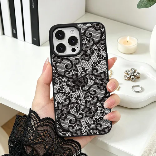 Vista 4 de NITITOP Funda para iPhone 13 Pro con flores de encaje transparente - Negro