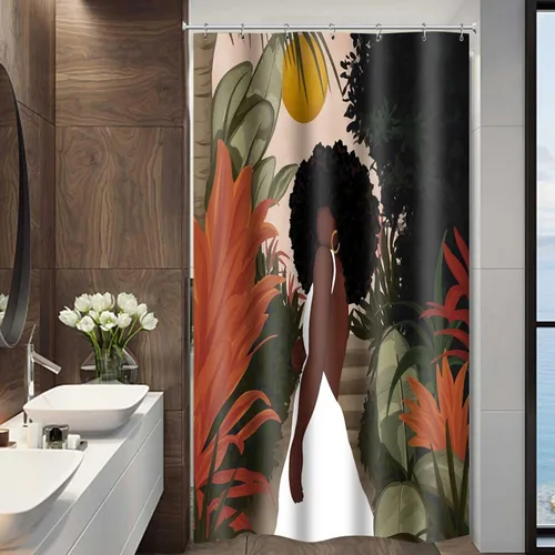 Vista 3 de Cortina de ducha de mujer afroamericana, sexy, de 36 x 72 pulgadas, poliéster, abstracto, bohemio, tropical, hojas de plantas tropicales, juego