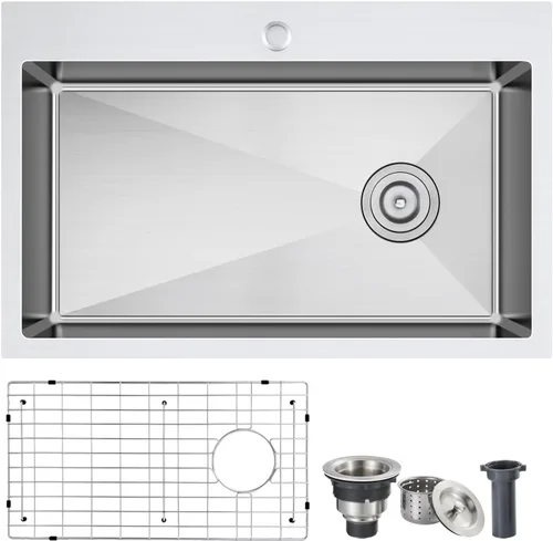 Vista 8 de ROVOGO Fregadero de cocina de 20 x 16 x 9 pulgadas, cuenco individual de acero inoxidable 304 hecho a mano, montaje superior moderno con rejilla