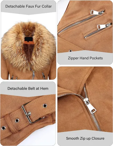 Vista 4 de Bellivera - Chaqueta de piel sintética para mujer, con forro de sherpa y cuello de piel desmontable