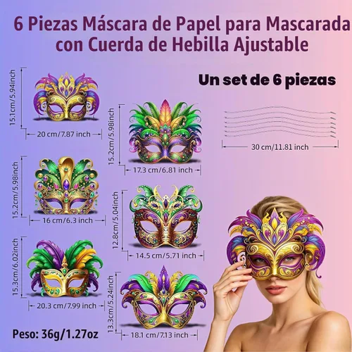 Vista 2 de Máscaras de Mardi Gras, paquete de 6 máscaras de papel para carnaval con cuerda de hebilla ajustable, diseño de plumas, para bailes de máscaras