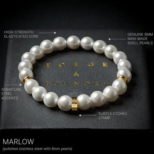 Vista 4 de Forge & Foundry Men's 8mm Shell Pearl (Man-Made) Bracelet Small, Medium, Large and Adjustable Sizing Options Marlow Refined Hand-Crafted Jewelry