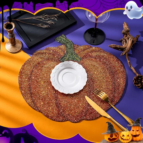 Vista 7 de Mantel individual de calabaza de Acción de Gracias, mantel de Halloween, color naranja, Acción de Gracias, otoño, calabaza, decoración para centro