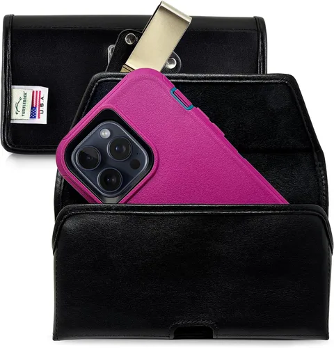 Vista 15 de Turtleback Clip para cinturón para iPhone 16 Pro Max, 15 Pro Max, 14 Pro Max, pequeño - Se adapta con fundas delgadas de estilo MagSafe, cuero negro