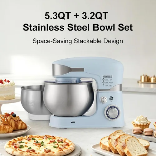 Vista 5 de Batidora de pie de dos tazones de 6 velocidades 5.3QT+3.2QT, AZUL Azul hielo brumoso