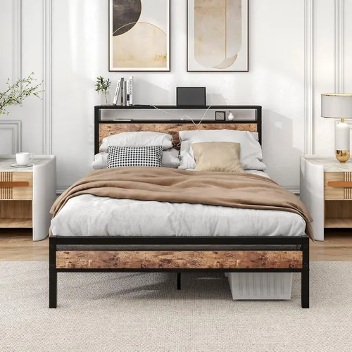 Vista 11 de BOFENG Base de cama Queen con cabecera de almacenamiento, marco de cama de plataforma de metal tamaño Queen con luces LED, estación de carga,
