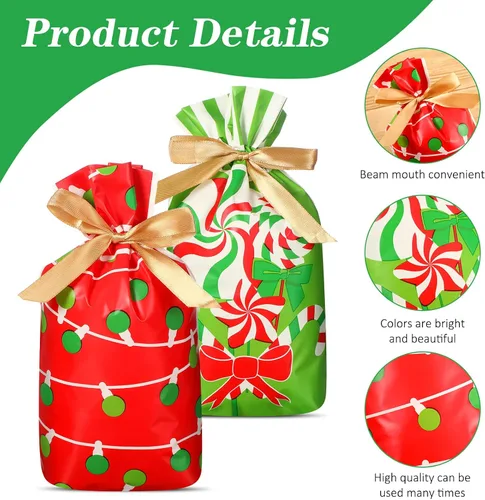 Vista 3 de Funrous Bolsas de Favor con Cordón de Navidad Bolsas de Plástico para Dulces y Golosinas de Navidad para Niños Cumpleaños Envoltorio de Aperitivos