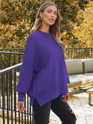 Vista 17 de Lillusory - Suéter extragrande con mangas de murciélago y cuello redondo para mujer, prenda moderna de otoño de tejido de punto sin botones
