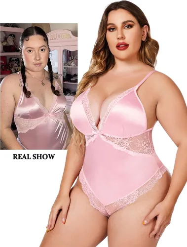 Vista 4 de Avidlove Lencería de talla grande para mujer, sexy, con broche en la entrepierna, body de satén en V profundo, ropa de club L4XL