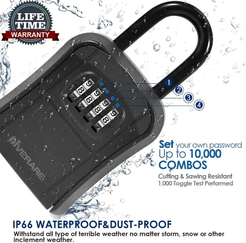 Vista 3 de Caja de bloqueo de llave, caja de bloqueo de combinación de 4 dígitos para montaje en pared, impermeable para exteriores, caja de contraseña segura