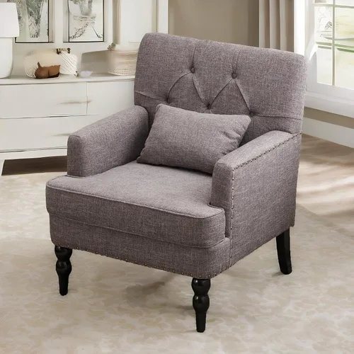 Vista 3 de HUIMO Silla Club Capitoné con Cojín Lumbar, Sillón Tapizado con Botones, Silla de Lectura Decorativa, Sillas de Sofá de Tela de Lino para Gris