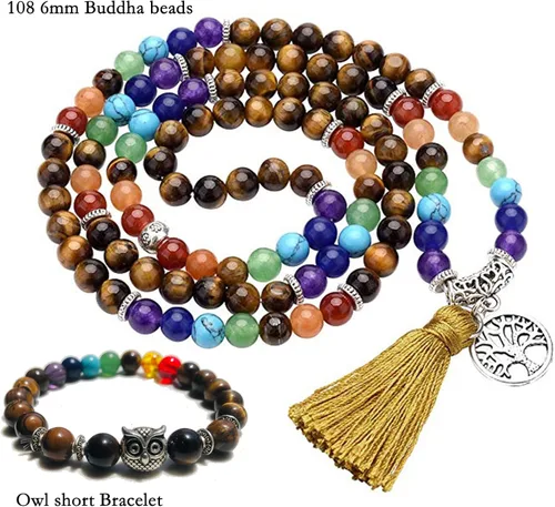 Vista 3 de Juego de 108 cuentas de Mala + pulsera de ojo de tigre de 0.315in, 7 chakras, árbol de la vida, yoga, meditación, piedras preciosas curativas reales
