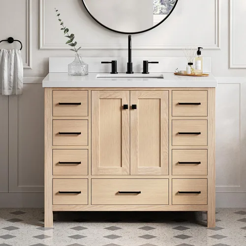 Vista 15 de DKB Isabella - Mueble de baño negro de 42 pulgadas con fregadero, lavabo rectangular, encimera de cuarzo blanco puro y protector contra salpicaduras