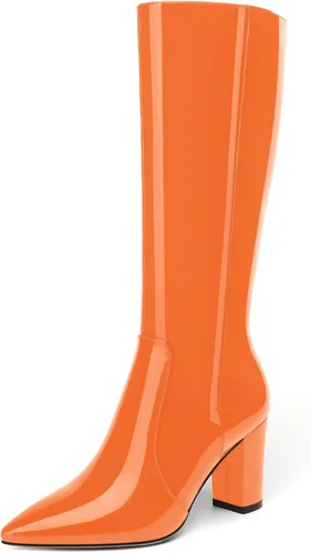 Vista 8 de AMBELIGHT Botas altas hasta la rodilla con cremallera y puntera puntiaguda para mujer, de patente sólida, tacón alto, 3.3 pulgadas