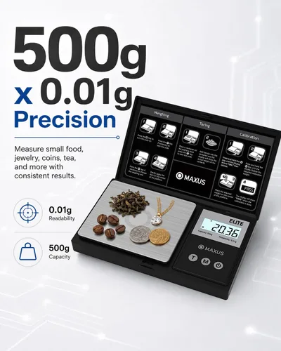 Vista 2 de MAXUS - Báscula de bolsillo digital de gramos 500 g x 0,01 g de alta precisión con bandeja, pesa alimentos pequeños, joyas, onzas, granos, pantalla