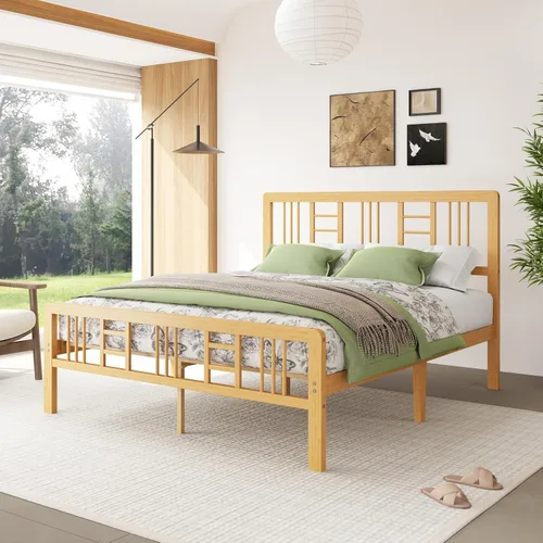 Vista 12 de Marco de cama de madera de bambú de 12 pulgadas con cabecero y estribo, marco de cama con soporte de listones de metal, resistente, no necesita
